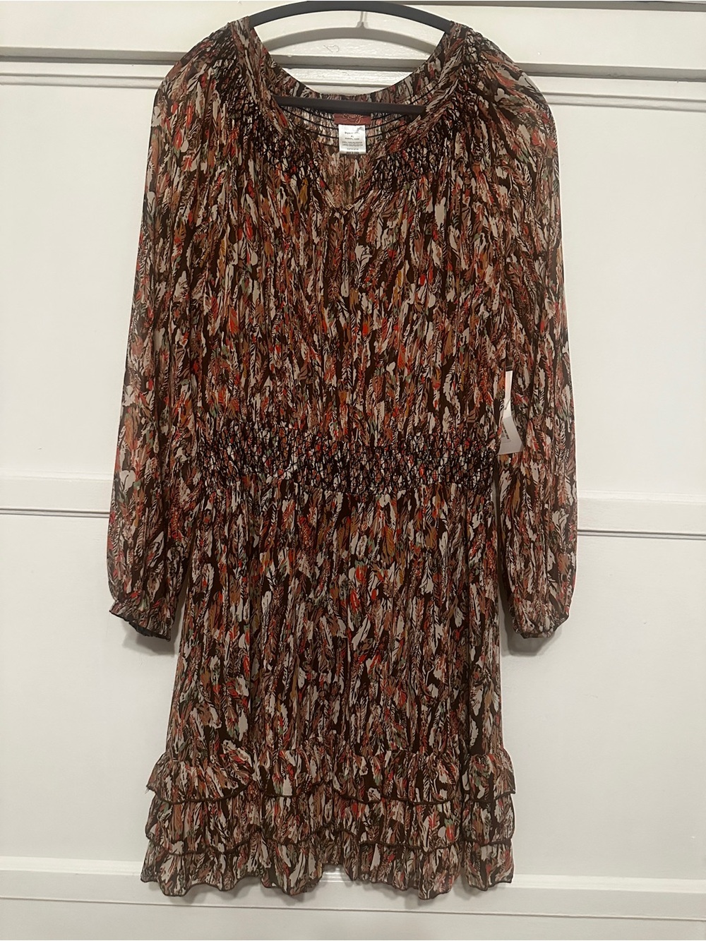 Scully Honey Creek Feather Print Long-Sleeve Dress XL in Rust/Brown Fall Color